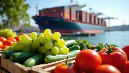 Fototapeta premium Fresh grapes, cucumbers, and tomatoes sit in crates near a large cargo ship at a sunny port. This scene represents global food trade, agriculture, and fresh produce transportation and logistics.