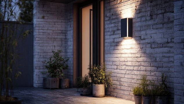 Modern outdoor lighting illuminates a brick wall with plants at dusk