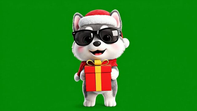 Cheerful Cartoon Husky in Christmas Outfit Holding a Gift on Green Background Perfect for Holiday Marketing and Festive Celebrations