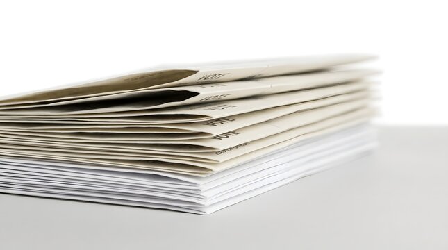 Macro shot of folded ballot papers stacked on white surface, shallow focus, clean minimal studio lighting, election and democracy stock concept