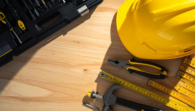 Construction Tools and Yellow Safety Helmet on Wooden Table Representing Industrial Work and Maintenance
