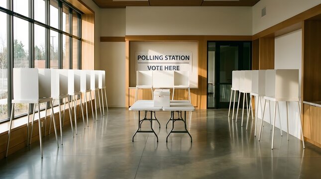 Clean modern polling station interior, white voting booths, warm natural window light, empty room, civic and democratic concept, editorial photography