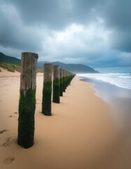 Obraz premium Weathered wooden posts stand in a line on a sandy beach leading to the ocean under a cloudy sky. The posts have green moss growing on them near the water.
