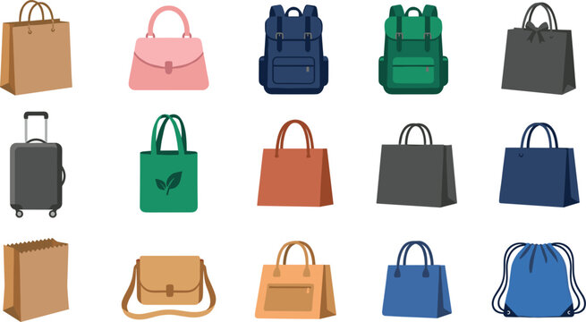 Bag and Fashion Accessory Icon Set Featuring Backpacks Tote Bags Suitcase Handbags Drawstring Pack and Paper Shopping Bags for Retail and Travel Graphics