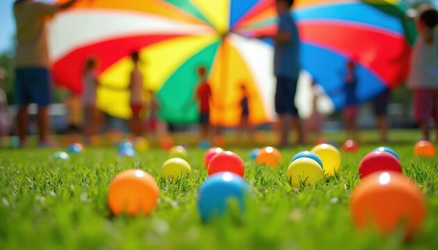 Children and adults play with a giant colorful parachute on green grass. Many small colorful balls are scattered on lawn. Summer camp fun game activity.