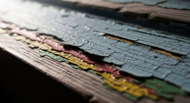 Close-up view of aged wooden surface with peeling layers of colorful paint creating a distressed texture