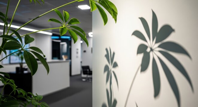 Green Schefflera plant leaves with abstract floral patterns on a frosted glass wall in a modern office reception area