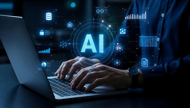 A futuristic artificial intelligence concept illustration showing a person typing on a laptop with a glowing digital overlay of large &lsquo;AI&rsquo; letters surrounded by database icons, charts, documents