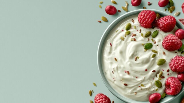 Yogurt parfait with red berries and seeds placed on a textured surface, designed for nutrition marketing with ample room for messages