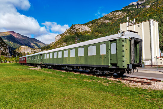 Old wagons in the old train station of Canfranc in the Pyrenees in Huesca, Spain close to the border with France.