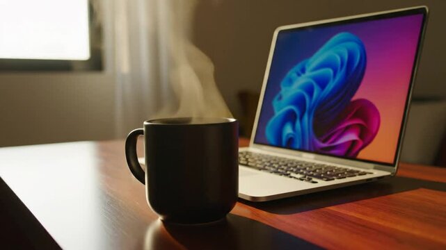 Cozy home office scene with a steaming coffee mug and open laptop computer on a wooden table.