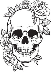 Fototapeta premium Skull with roses and leaves black and white vector illustration