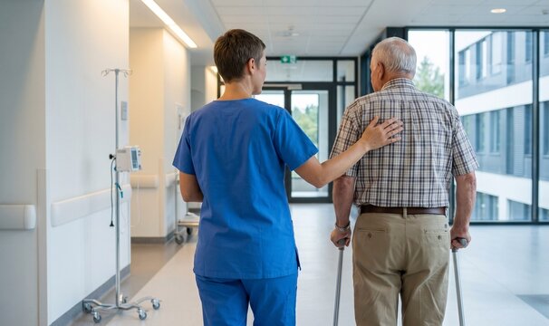 Nurse assisting elderly man with crutches in hallway
