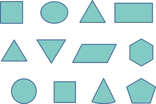 Set of blue geometric shape icons, flat outline basic forms for mathematics education vector graphics