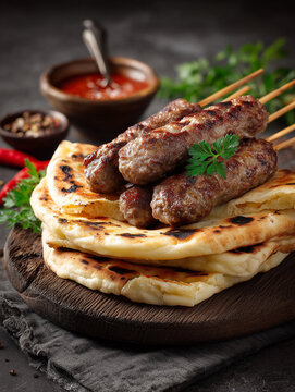 Grilled lula kebab with pita bread and dipping sauce