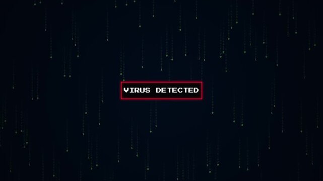 Virus Detected Security Alert Notification over Falling Binary Code Stream
