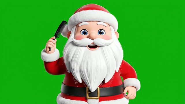 Cheerful Cartoon Santa Claus Holding A Black Comb Isolated On Bright Green Background For Holiday Graphics And Video Overlays