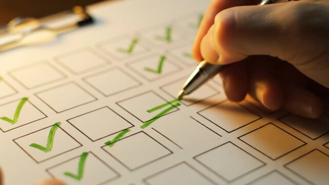 Person marking green checkmarks on a checklist document with a pen