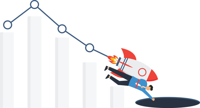 Businessman falling market crash financial crisis business failure economic recession stock decline data chart rocket falling downward trend risk management