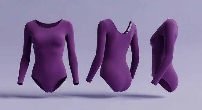 Three views of a long-sleeved purple leotard against a lilac backdrop, with slight shadow