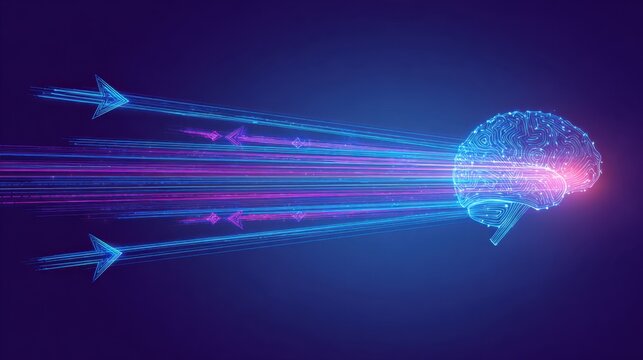 Futuristic Concept of a Human Brain with Dynamic Light Trails Representing Ideas and Innovation Flowing Forward