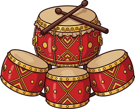 Traditional Chinese Festival Red Drum Set with Ornaments and Crossed Drumsticks for Lunar New Year, Cultural Celebration, and Performance Vector Illustration