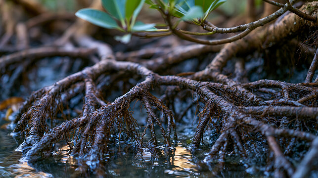 Estuary mangrove root system at low tide, Rhizophora mangle prop root tangle emerging from tidal mud flat, intertidal ecosystem architecture, tropical coastal habitat root network texture in brackis