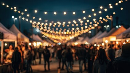 Naklejka premium Lively night market illuminated by strings of warm, glowing lights overhead