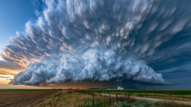 Supercell thunderstorm mammatus cloud formation on anvil underside, pouch-like cumulonimbus turrets in turbulent convective display, atmospheric meteorological phenomenon above flat horizon, extreme