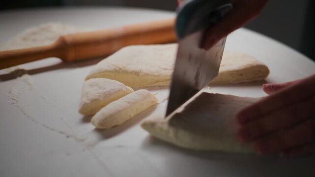 Hands cut dough with blade on white surface. Rolling pin rests nearby. Action shows precise food preparation. Ideal for culinary, baking, or recipe videos