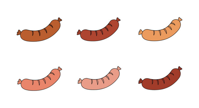 Assorted cartoon sausages on white background, colorful food illustration, fun snack, meat product, breakfast, tasty treats, healthy eating, cartoon food, savory snack, delicious