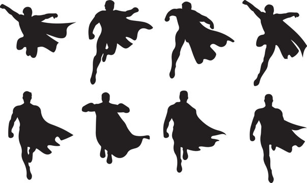 Superhero silhouettes flying and running with capes