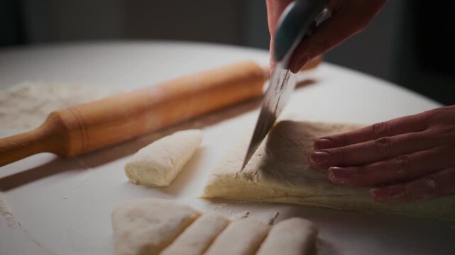 Close-up of hands slicing dough on a white surface. Rolling pin rests nearby, ready for use. Person focuses intently, guiding knife with care. Ideal for cooking, baking, or recipe tutorials