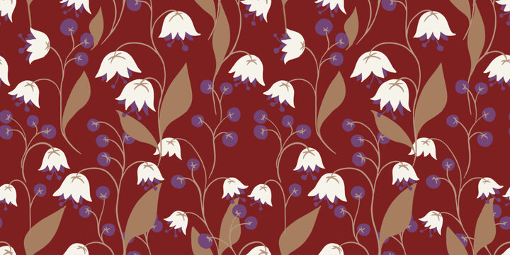  Seamless floral pattern with white bell flowers, berries and beige leaves on burgundy background. Elegant botanical repeat for fabric, wrapping paper and decor