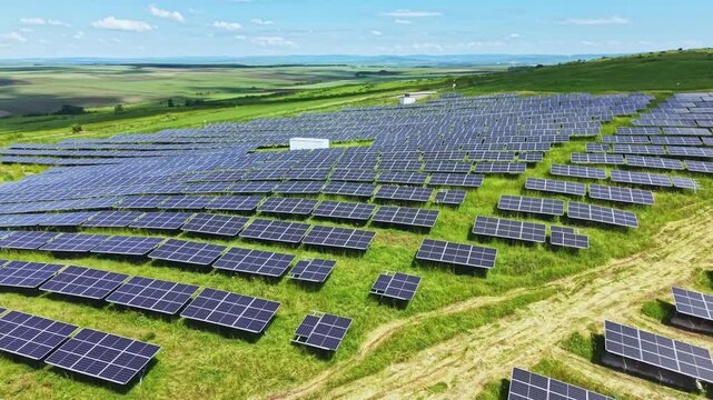 Aerial view solar farm panels stretching across rolling green hills, vast photovoltaic arrays in neat rows, maintenance tracks and service roads, clear blue