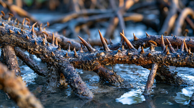Estuary mangrove root system at low tide, Rhizophora mangle prop root tangle emerging from tidal mud flat, intertidal ecosystem architecture, tropical coastal habitat root network texture in brackis