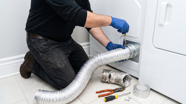 Professional technician wearing blue gloves using a screwdriver to connect a flexible silver aluminum foil exhaust hose to the back of a white clothes dryer machine