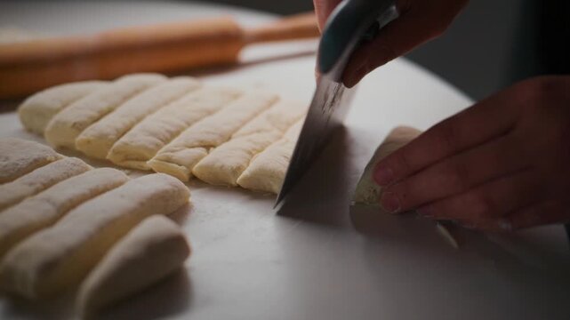 Hands slice dough into even sticks on white surface. Rolling pin rests nearby. Scene shows calm, focused baking activity. Perfect for cooking, bakery, or tutorial content