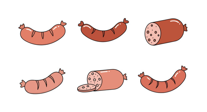 Illustration of pork sausages in various servings, isolated on white background for culinary, food, recipe, cooking, and meat production themes