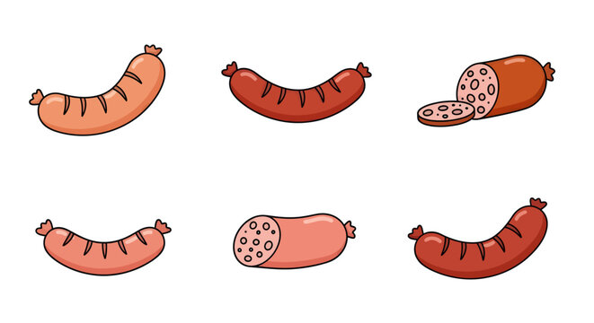 Illustration of sausages in various styles, perfect for food, culinary, grilling, barbecue, dinner, snack, cooking, grilled, meat, bar, appetizer, grill