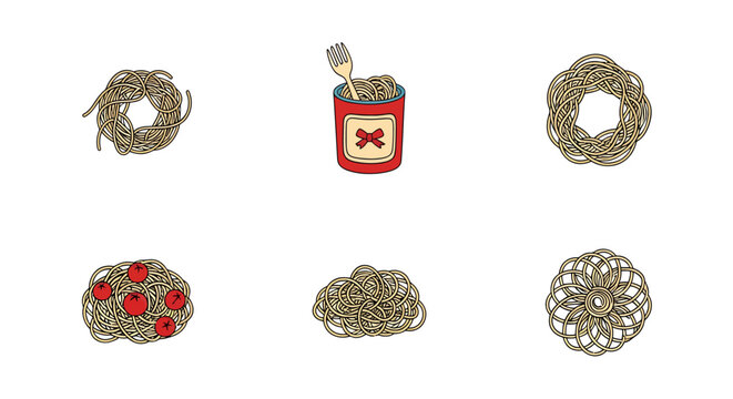 Illustration of spaghetti pasta balls, a red can with fork and spaghetti, and cherry tomatoes for food, cooking, and pasta recipe themes, suitable for culinary or restaurant use