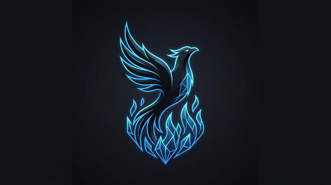 Glowing blue phoenix bird, neon flames, mythical creature, dark background