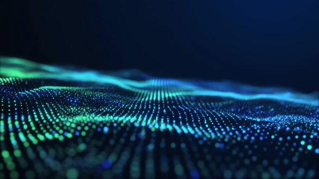 A flowing field of glowing blue and green dots forms a wavy, multidimensional surface across a dark background, evoking a digital landscape of motion, depth, and data-driven texture. Subtle glow hue