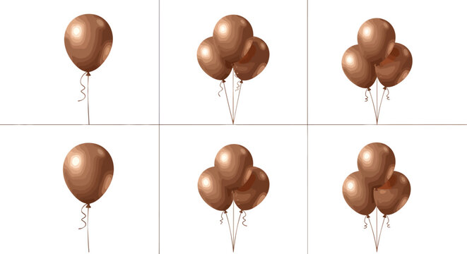 Set of three copper-colored balloons with curly strings, suitable for celebrations, parties, and festive decorations, with vibrant metallic shine and reflective surface.