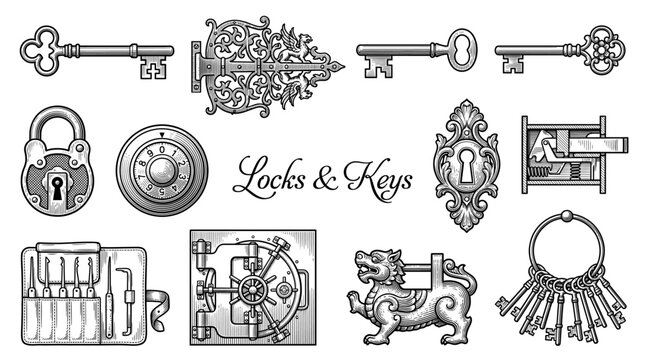 Vintage Antique Locks and Keys Vector Illustration Set Featuring Engraved Style Padlocks, Skeleton Keys, Safe Dial, and Lockpicking Tools