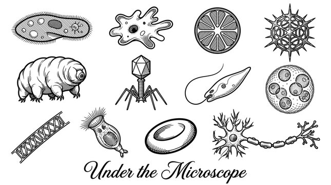 Collection of hand drawn microscopic organisms and biological cells in vintage engraving style vector illustration set including tardigrade amoeba and virus