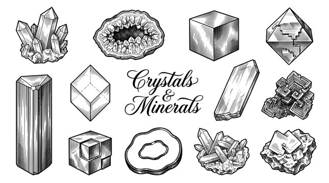 Collection of Hand-Drawn Crystals and Minerals Vector Illustrations. Vintage Engraved Style Gemstones, Quartz, Amethyst Geode, and Malachite Icons Isolated on White Background