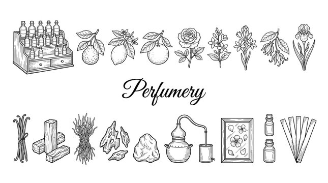 Vintage Perfumery Collection featuring Essential Oils, Botanical Ingredients, Flowers, and Fragrance Making Equipment Hand Drawn Vector Illustration
