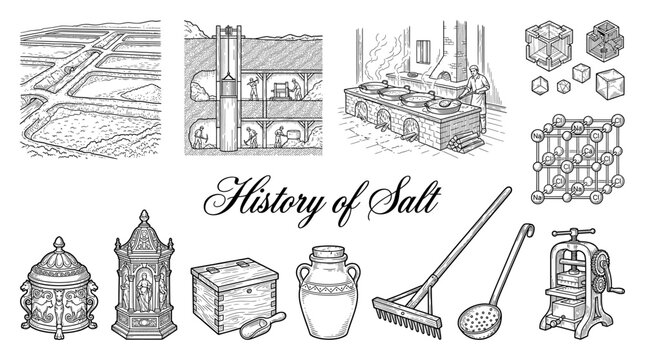 History of Salt Production Vector Illustration Set - Vintage Engraving Style Elements showing Mining, Evaporation, Crystal Lattice, Antique Storage and Traditional Tools.
