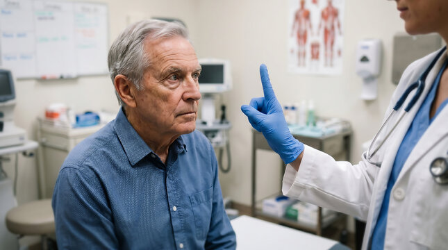 Female doctor wearing blue gloves holding up a finger to conduct a neurological vision eye tracking examination on an elderly senior man patient in a medical clinic office